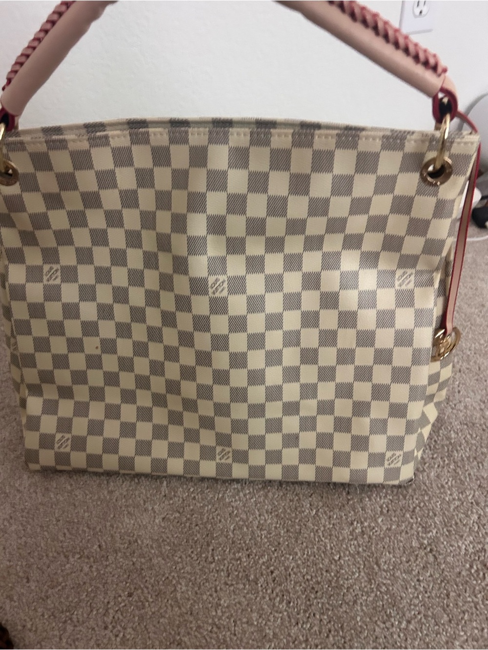 Canvas Checker Tote Bag with Pink Handle